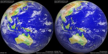 2010年7月1日11時のMTSAT-1R画像(左：赤外線 右：可視画像)