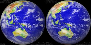 2010年7月1日12時のMTSAT-2画像(左：赤外線 右：可視画像)